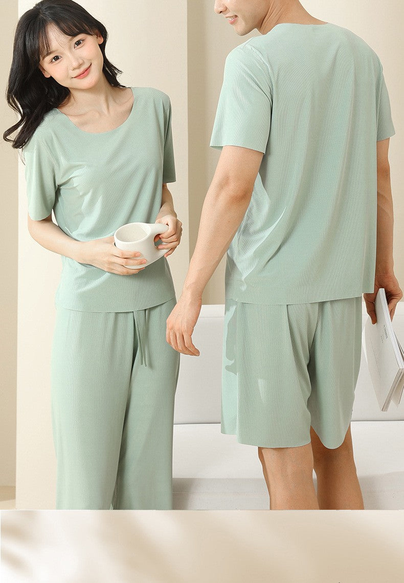 Pajamas Men Round Neck Short Sleeve Shorts Set Non-marking Ice Silkschool Pajamas Shorts Easy to Wash Solid Colour Large Size 3x