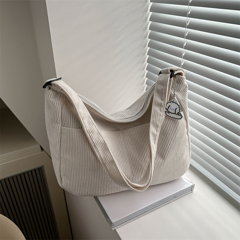 Women’s Corduroy Shoulder Bag Casual Striped Large Capacity Tote with Zipper Closure, Cute Hat Patch, Perfect for Everyday Use