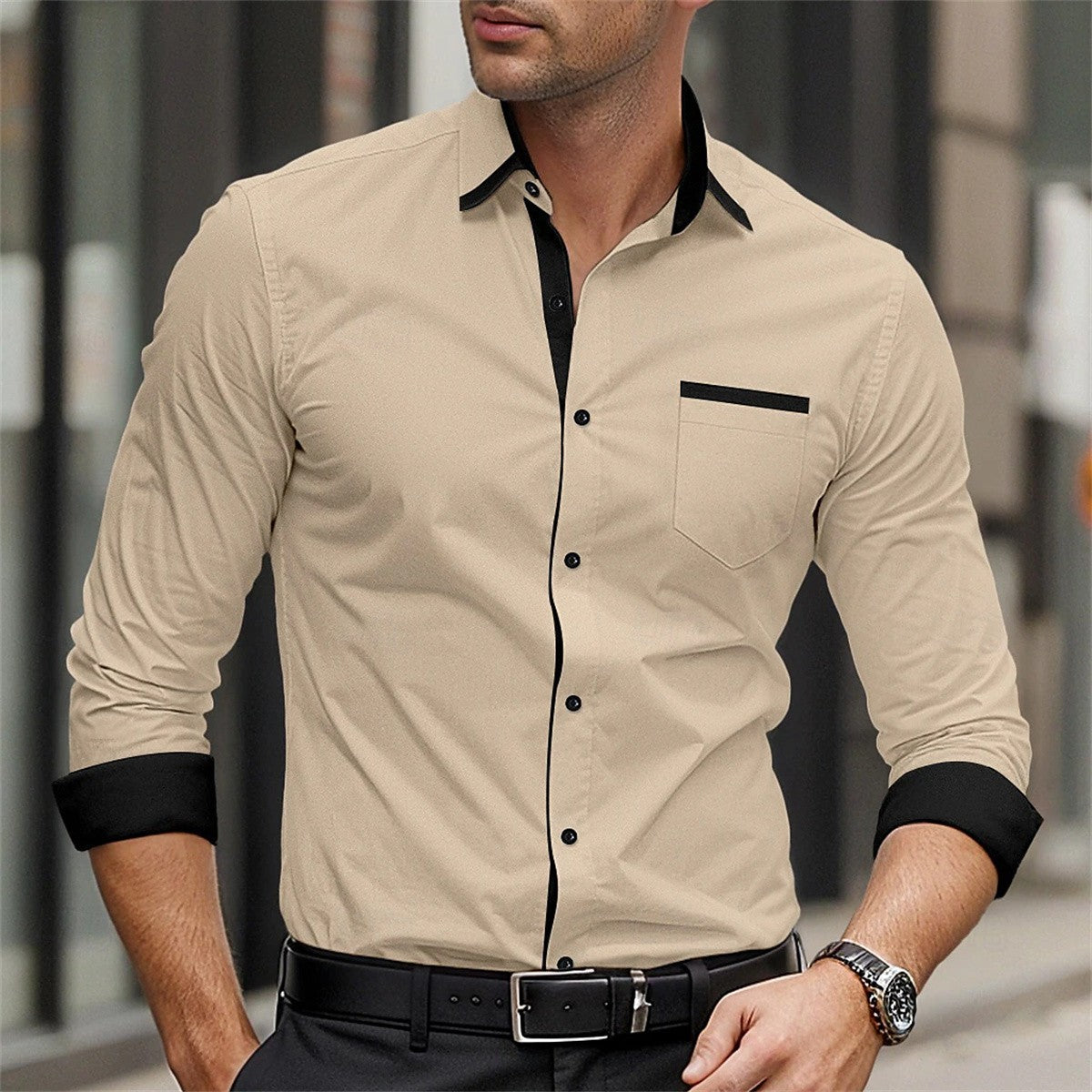 New men's formal button up shirt long sleeved solid color lapel for spring and autumn weddings, daily pocket patchwork clothing