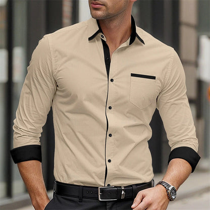 New men's formal button up shirt long sleeved solid color lapel for spring and autumn weddings, daily pocket patchwork clothing