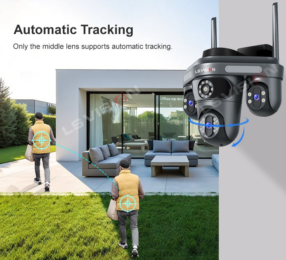 LS VISION Multiple Lens 3 Screen Wifi Outdoor Security Solar  Camera Panoramic Monitor Mobile   Siren Alarm Solar CCTV Camera