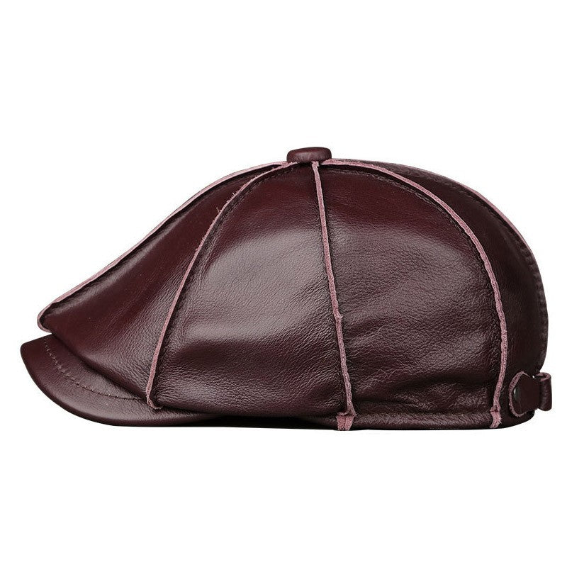 Men's Genuine Leather Warm Octagonal Cap Elegant Adjustable Newsboy Beret Cowhide Tongue Cap