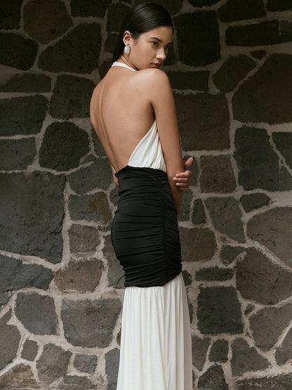 Mozision Patchwork Halter Backless Sexy Maxi Dress Women Gown Elegant Deep V Neck Sleeveless High Waist Bodycon Club Party Dress