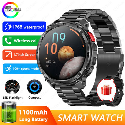 Relógio Inteligente Militar para Homens, Bateria de 1100mAh, Bússola, Monitor de Fitness, Tela AMOLED HD, Chamada BT, Smartwatch para Android IOS