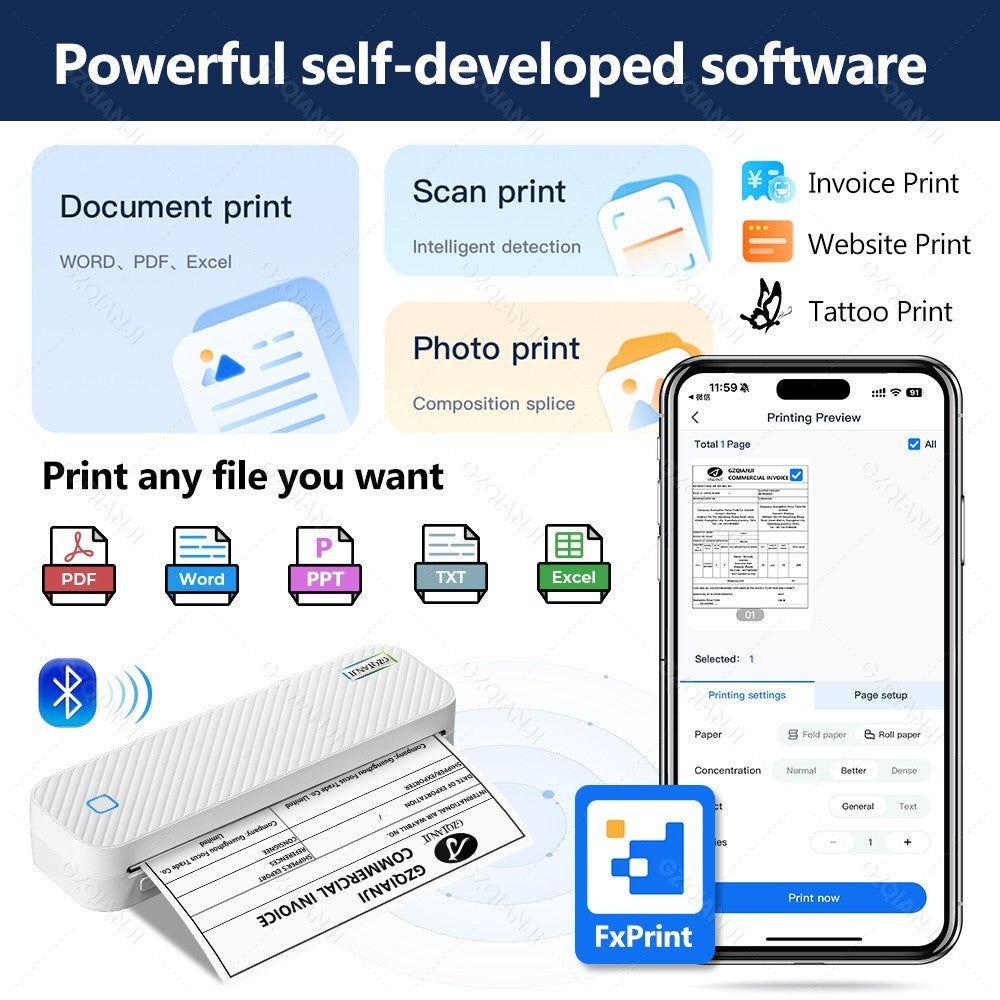 Portable A4 Thermal Printer Bluetooth Photos PDF Document Printing Machine Folded Rolls Paper For Office Work Home School Travel