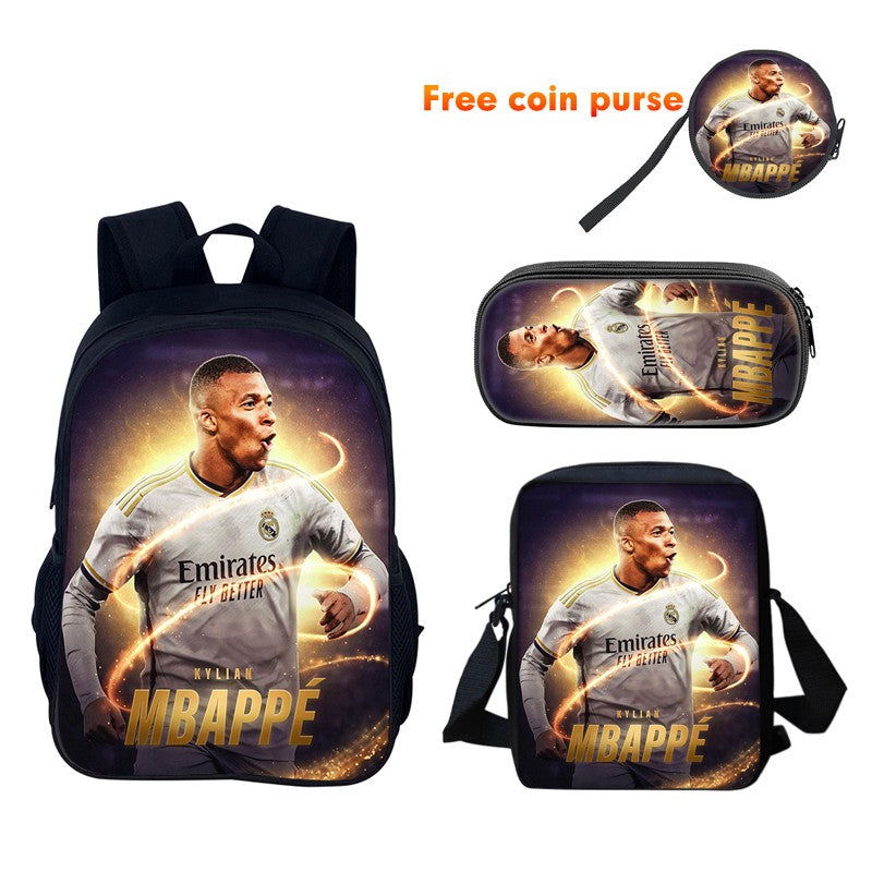 M-Mbappe Conjunto de 3 Peças Bolsa Escolar Mochila Esportiva de Futebol com Bolsas de Ombro Estojo para Canetas Mochila Escolar Jogador Estrela para Melhor Presente