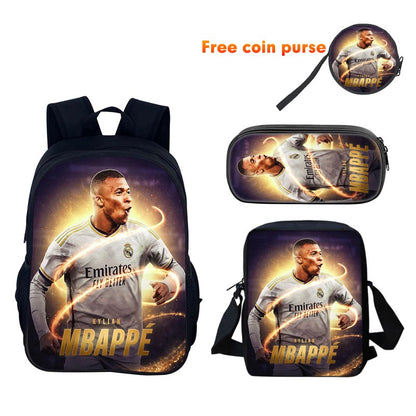 M-Mbappe Conjunto de 3 Peças Bolsa Escolar Mochila Esportiva de Futebol com Bolsas de Ombro Estojo para Canetas Mochila Escolar Jogador Estrela para Melhor Presente