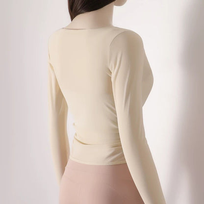 Quick Drying Yoga Sports Top V-Neck Cross Waist Mesh Breathable Fitness Long Sleeve Cover up for Women