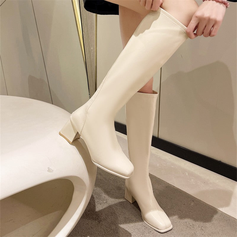 New Autumn and Winter Thigh-high Model Boots Thick Heel All Matching Slim Knight Boots Square Head Mid-heel Elastic Slim Boots