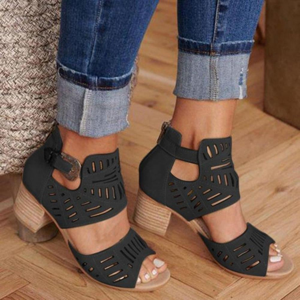 Women's Casual Boho Sandals Low Block Heel Summer Vacation Shoes Ladies Sandals with Buckles Chic Heeled Sandals for Ladies