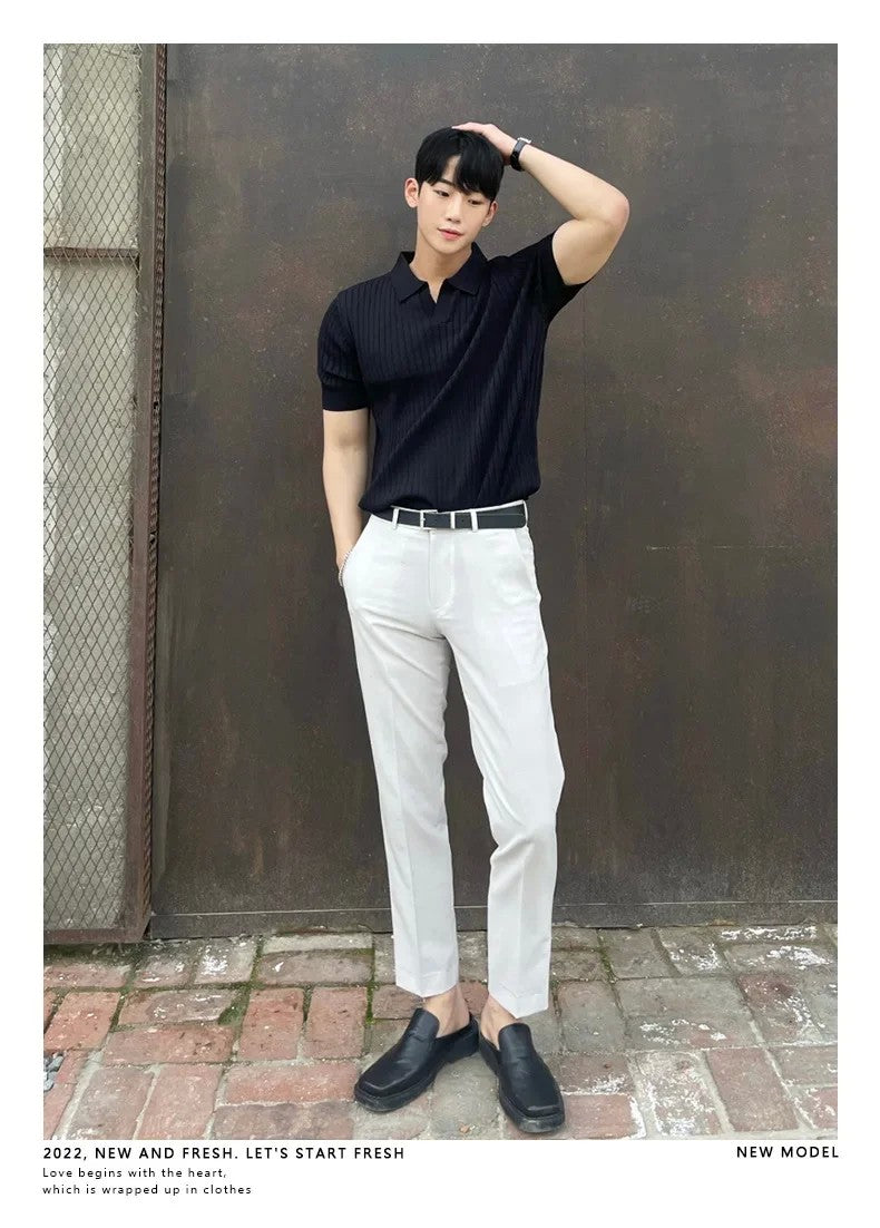 Trendy Polo Shirt For Men Summer Solid Color Top Versatile Knit Style Korean Short Sleeves Casual Fashion T-shirt