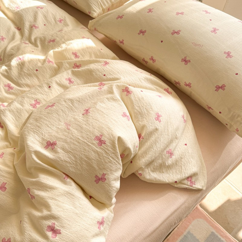 INS Cute Bow Bedding Set for Girls Women Soft Bed Sheet Set Pillowcase Single Twin Full 200x230cm Kawaii Duvet Cover Set