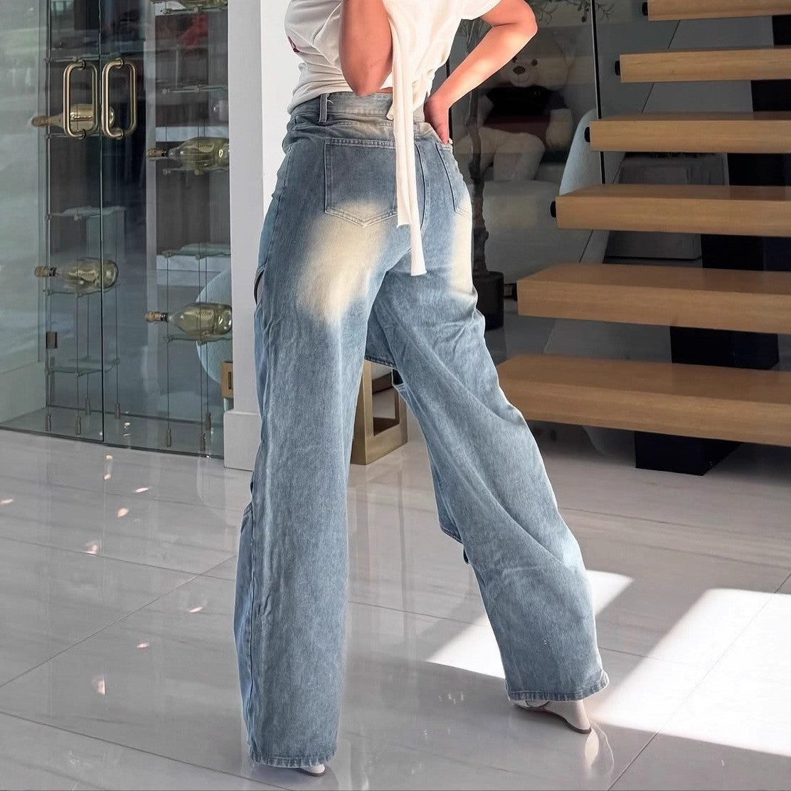 2025 New European and American Women's Clothing Fashion Street Trend Hollow Nail Buckle Old Straight Loose Denim Trousers