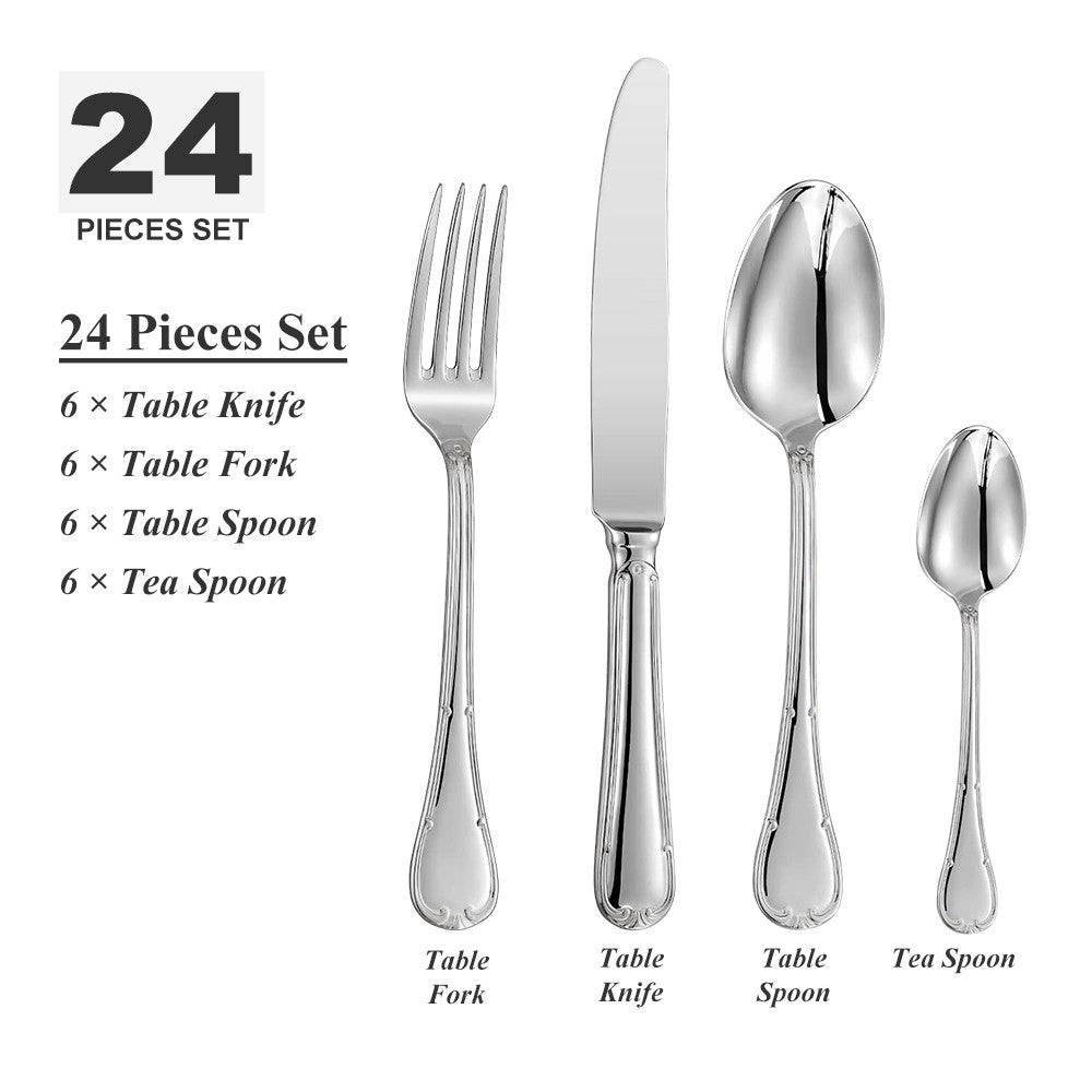 Conjunto de Talheres de 24 Peças para 6 Pessoas Aço Inoxidável 18/10 Prateado Polido para Inauguração de Casa Restaurante Festa de Casamento