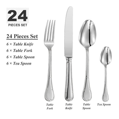Conjunto de Talheres de 24 Peças para 6 Pessoas Aço Inoxidável 18/10 Prateado Polido para Inauguração de Casa Restaurante Festa de Casamento