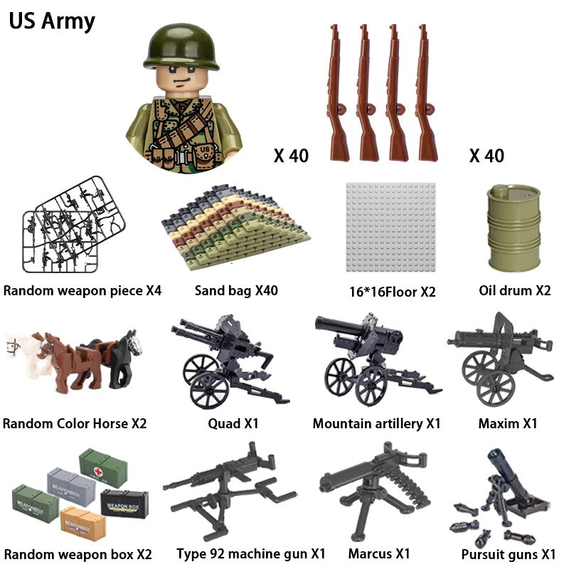 Brinquedos de blocos de montar para crianças: Modelos de Mini Armas de Exército Nacional de Guerra de Soldados de Infantaria da Segunda Guerra Mundial