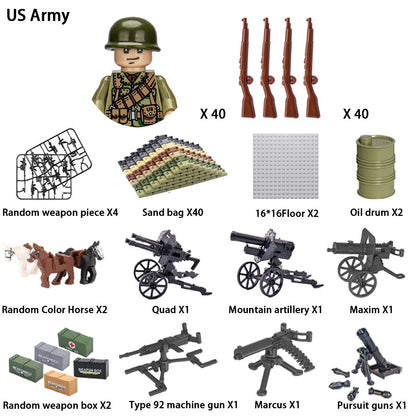 Brinquedos de blocos de montar para crianças: Modelos de Mini Armas de Exército Nacional de Guerra de Soldados de Infantaria da Segunda Guerra Mundial