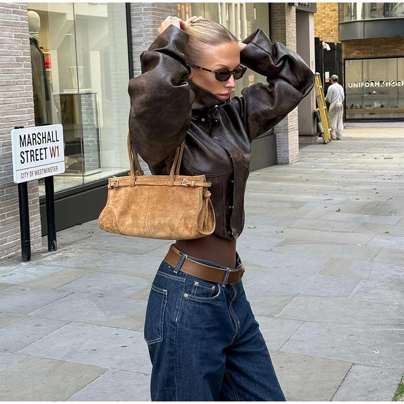 Vintage Women's Cropped Faux Leather Jacket Stand Collar Balloon Sleeve Biker Style PU Leather Coat Streetwear Fashion Outfit