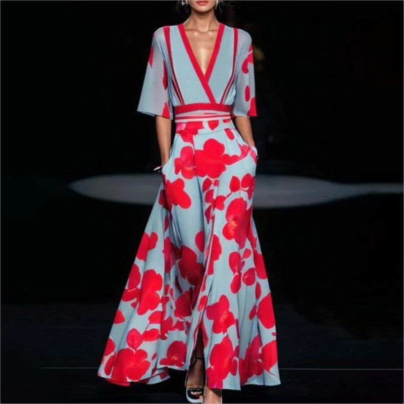 Women Fashion 2024 Spring V Neck Belted Party Long Dress Sexy Printing A-Line Bo