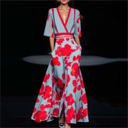 Women Fashion 2024 Spring V Neck Belted Party Long Dress Sexy Printing A-Line Bo