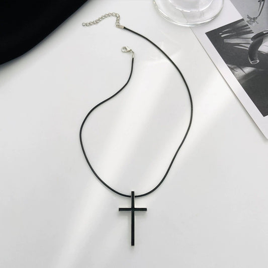 Minimalist Style Niche Temperament Black and White Cross Necklace for Men and Women High-end Leather Rope Pendant