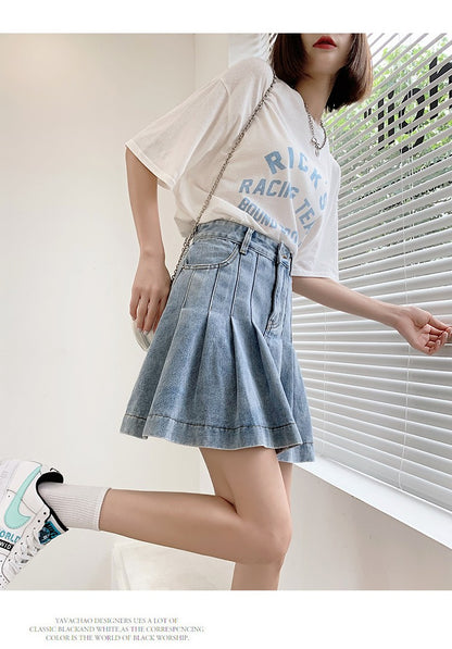 New Summer 2024 Plus Size Denim Skirt Women High Waist Pleated Large Size A Line Mini Jean Skirt Women Streetwear Saia Hot Sale