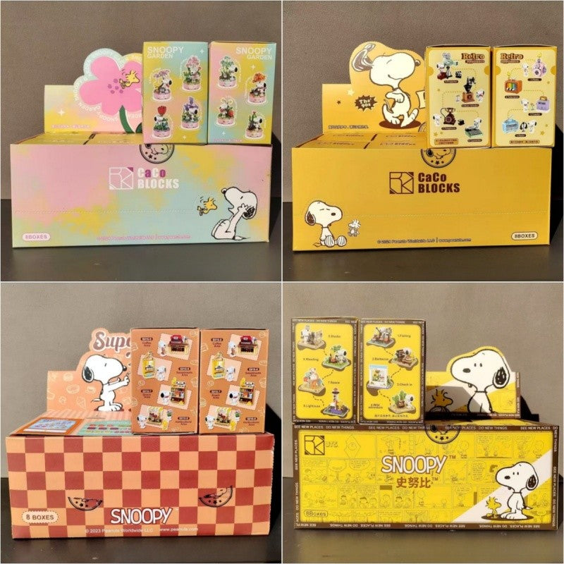 Quebra-cabeça de blocos de montar da série Original Snoopy Assemble Genuine Authorized Blind Box Supermarket Garden Furniture Scene para decoração de mesa