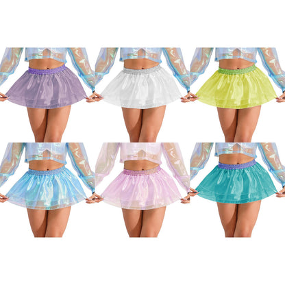 Womens Tiered A-line Pleated Short Skirt Shiny Glitter Skirt for Rave Festival Pole Dance Bar Party Skirt Night Club Costume