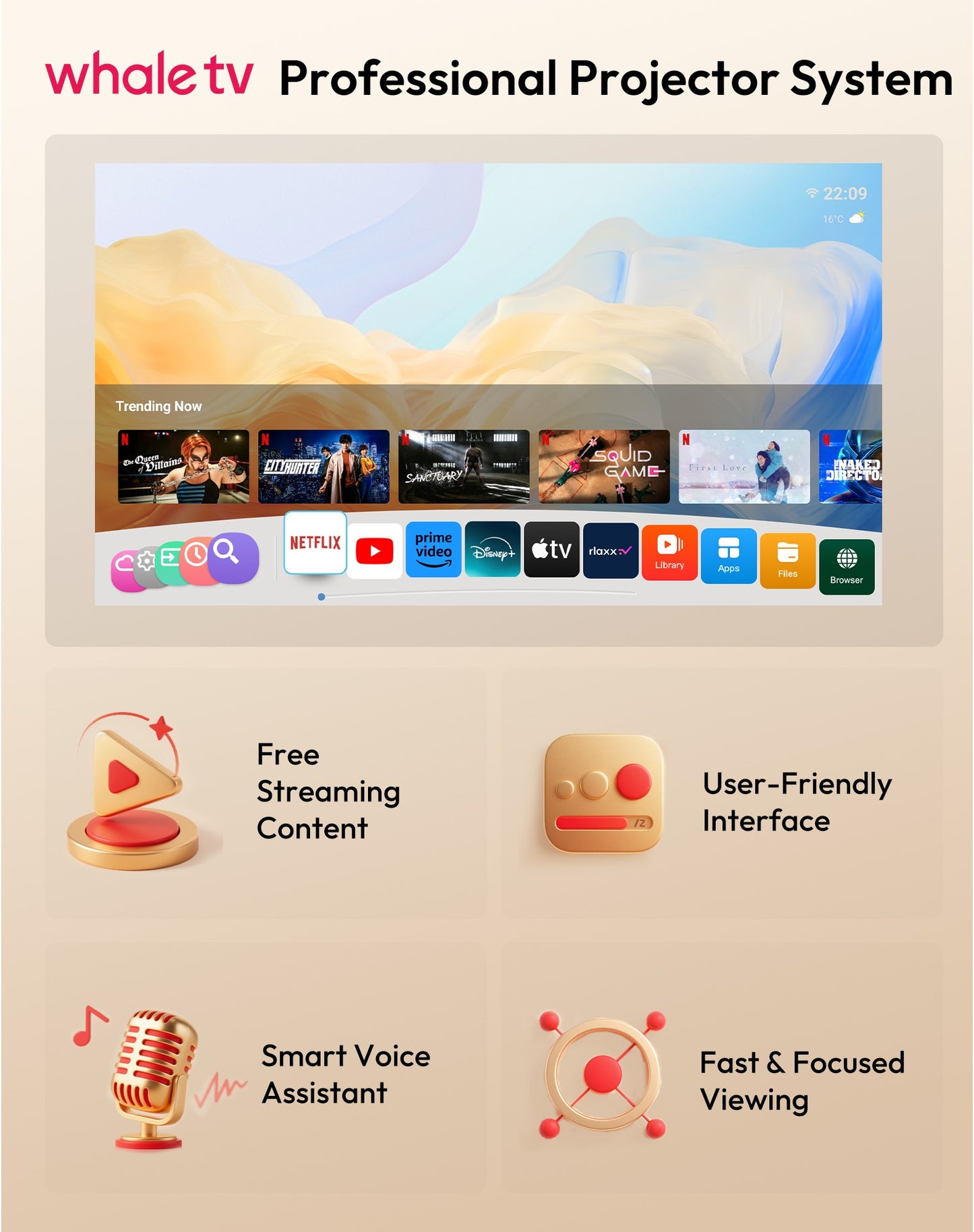 Projetor XGODY N6 Pro Netflix Oficial 4K Controle de Voz Smart Android TV Whale OS 8/32GB ROM para Filmes ao Ar Livre Home Theater