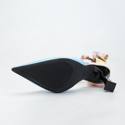 9CM High Heels Dress Shoes Summer Bowknot  Ankle Strap Blue Pointed Toe Women Sandals Ladies 2025 Elegant Outdoors Walking Shoes