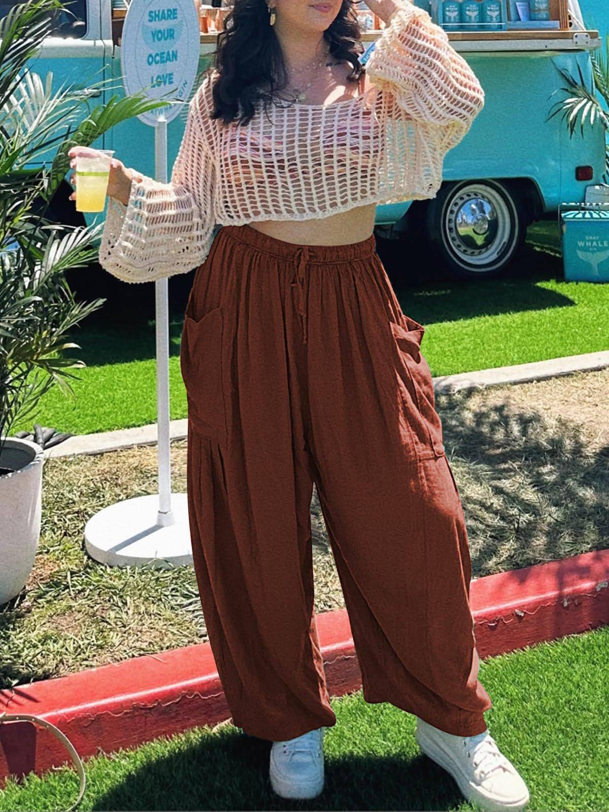 Women's Stretched-waist Pleated High-waisted Wide-leg Trousers Spring Autumn Fashion Cotton Linen Pocket Casual Trousers Woman