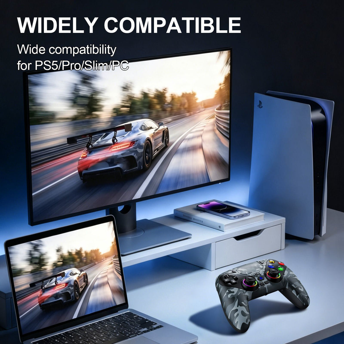 Gamepad For Playstation 5 PS5 Pro/Slim/PC,RGB Wireless Controller  6-Axis Gyro Dual Shock Turbo&Marco Programable Game Controle