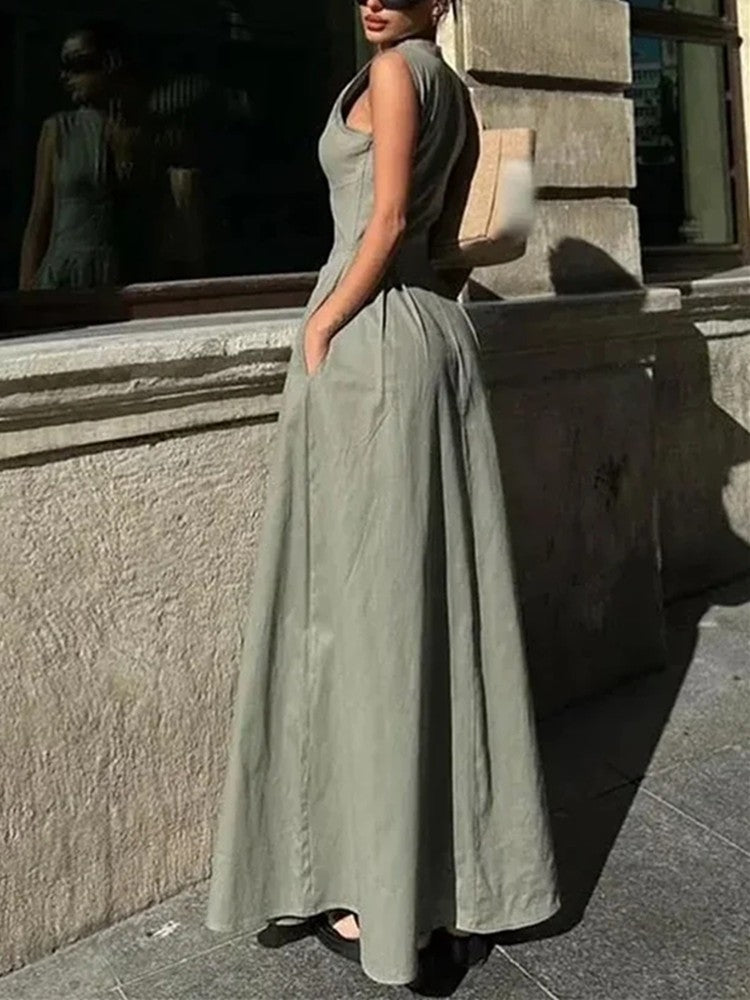 MUJER Zipper Long Dress Woman Pleated Sleeveless Bodycon Dress Summer Elegant Pa