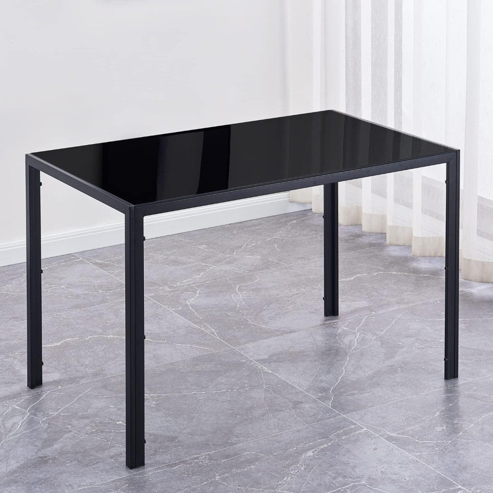 Modern Rectangular Dining Table with Black Glass Top, Steel Frame, Seats 4, Easy to Clean, Ideal for Kitchen Use
