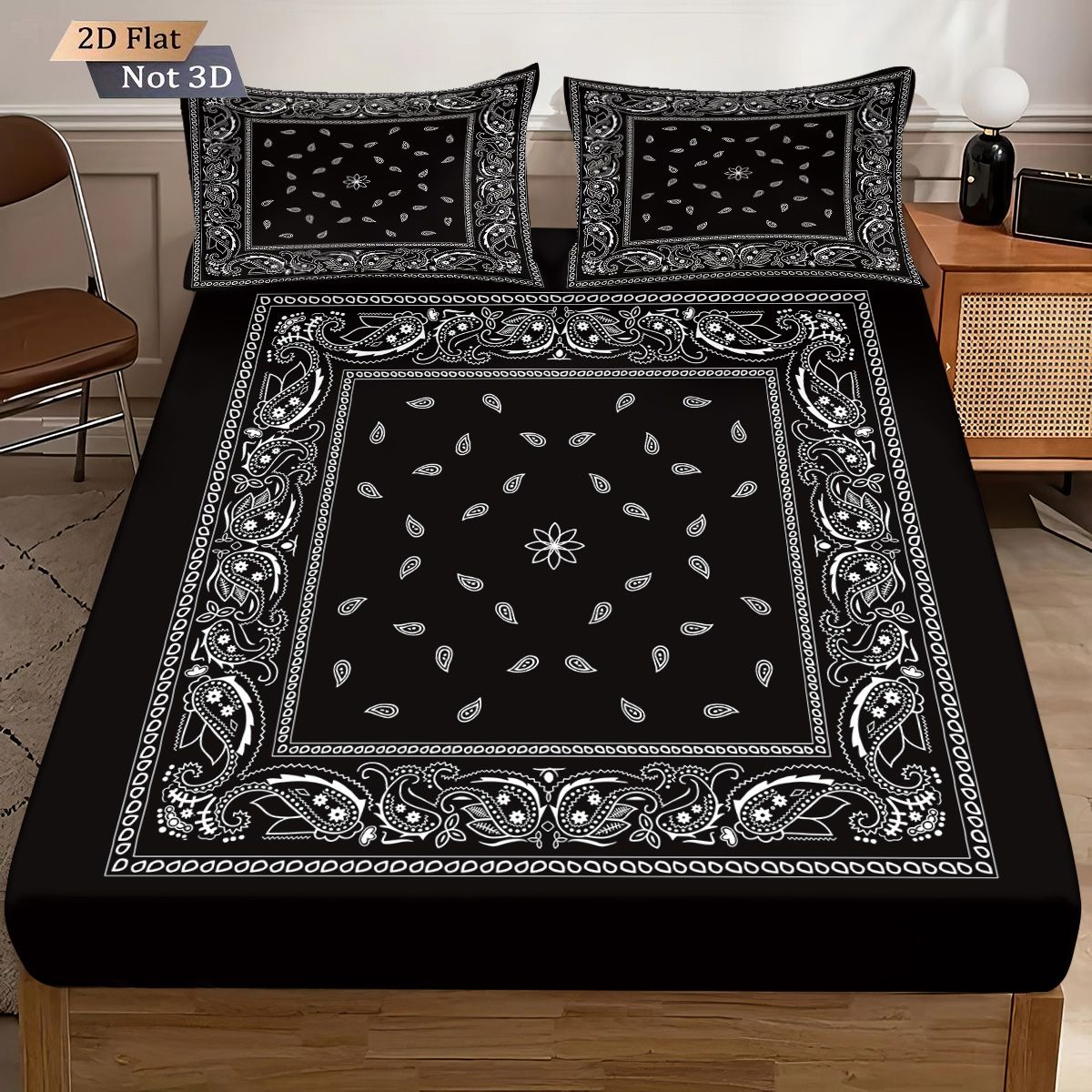 3pcs Retro Black Wave Pattern Print Coreless Bed Sheet Set Multiple Sizes Soft Bedcover Bedroom Bedding Decoration