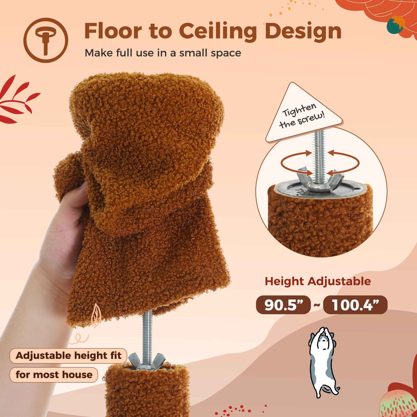 Árvore de Gato do Chão ao Teto Torre para Gatos de Altura Ajustável com Condomínio de Gato Rede Aconchegante e Arranhador Árvore de Atividades Alta Marrom