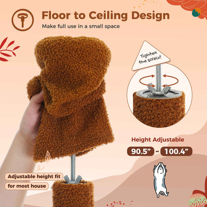 Árvore de Gato do Chão ao Teto Torre para Gatos de Altura Ajustável com Condomínio de Gato Rede Aconchegante e Arranhador Árvore de Atividades Alta Marrom