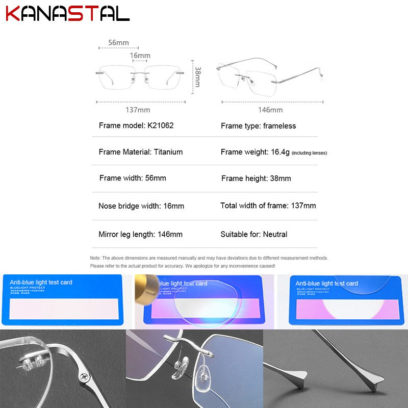 Men Pure Titanium Eyeglasses Frame Women Ultralight Rimless Glasses Blue Light Blocking Lens Prescription Myopia Reading Eyewear