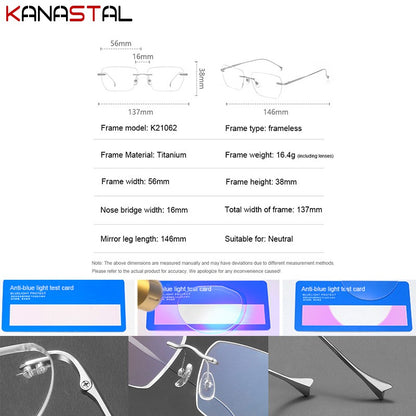 Men Pure Titanium Eyeglasses Frame Women Ultralight Rimless Glasses Blue Light Blocking Lens Prescription Myopia Reading Eyewear