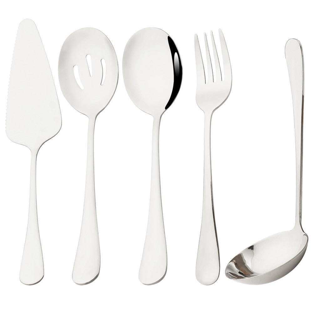 Drmfiy Conjunto de Talheres Pretos de 5/7 Peças para Servir, Utensílios de Jantar, Buffet, Talheres para Catering, Conjunto de Escumadeiras, Colheres, Garfos, Talheres de Prata