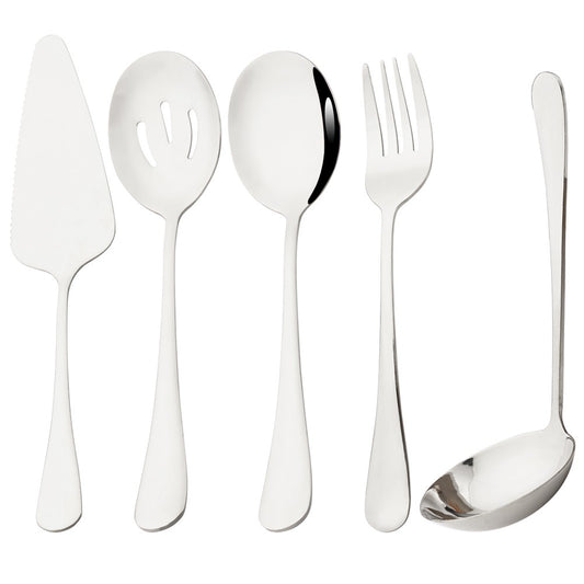 Drmfiy Conjunto de Talheres Pretos de 5/7 Peças para Servir, Utensílios de Jantar, Buffet, Talheres para Catering, Conjunto de Escumadeiras, Colheres, Garfos, Talheres de Prata