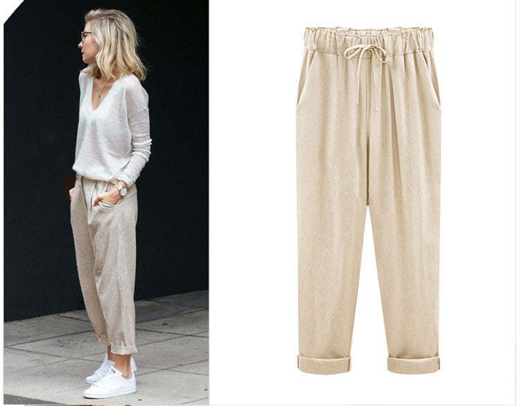 Cotton Linen Pants, Elastic Mid Waist Ankle Length Pant, Casual Women Loose Spring Pants, Female Slacks Size M-5XL 6XL 7XL 8XL