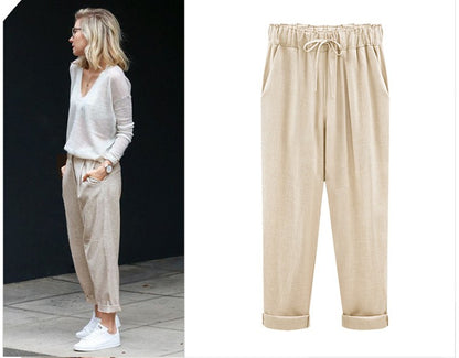 Cotton Linen Pants, Elastic Mid Waist Ankle Length Pant, Casual Women Loose Spring Pants, Female Slacks Size M-5XL 6XL 7XL 8XL