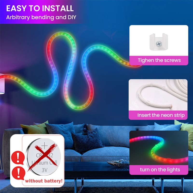 360 Degree Round Reticulate Neon LED Strip with Remote Control,RGBIC Nylon Flexible Dream Colorful Rope Light For Bedroom Living