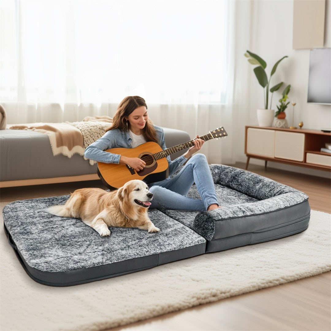 Cama Gigante para Cães, Tamanho Humano, 180cm de Comprimento, Dobrável, Calmante, Capa de Pelúcia, Ortopédica
