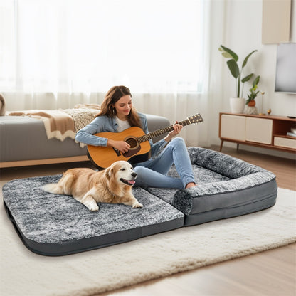 Cama Gigante para Cães, Tamanho Humano, 180cm de Comprimento, Dobrável, Calmante, Capa de Pelúcia, Ortopédica
