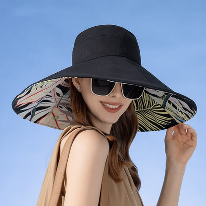Chapéu Feminino de Verão Dupla Face com Aba Larga Proteção Solar Flor Praia Elegante Ao Ar Livre Protetor Solar Atacado Novo