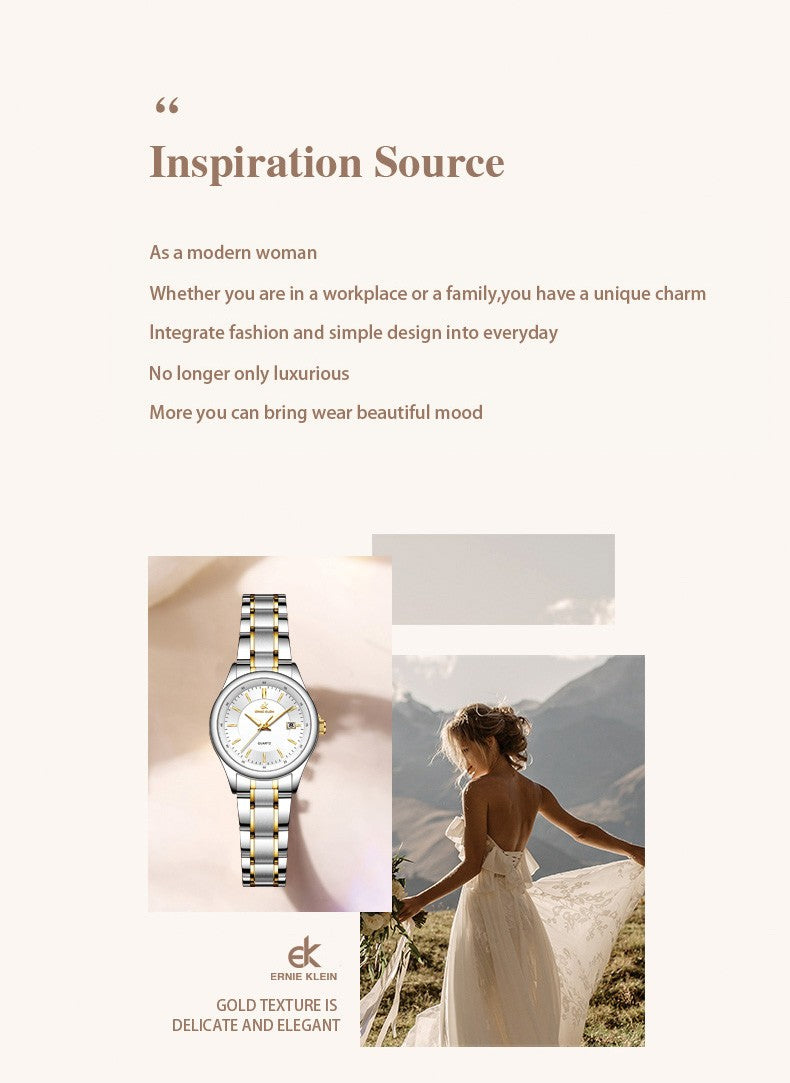 ERNIE KLEIN Women‘s Watches Simple Luxury Fashion Elegant Female Wristwatch Waterproof Luminous Date Exquisite Gift for Girl