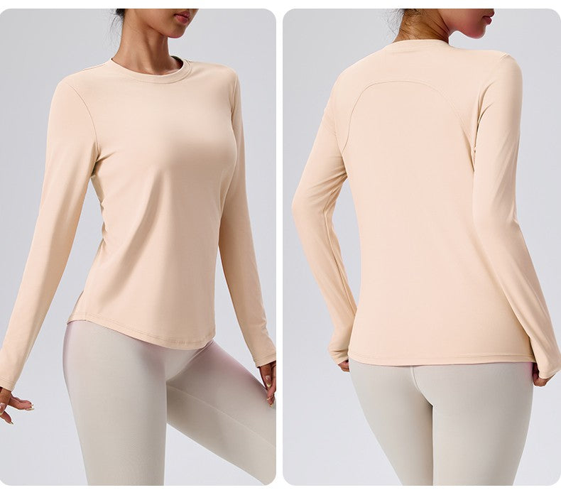Naked Spring and Autumn Round Neck Fitness Yoga Clothing, Slimming and Slimming Base, Sports Top, Pilates Long Sleeve, Female