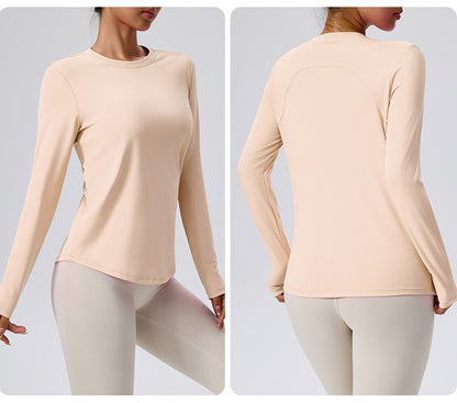 Naked Spring and Autumn Round Neck Fitness Yoga Clothing, Slimming and Slimming Base, Sports Top, Pilates Long Sleeve, Female